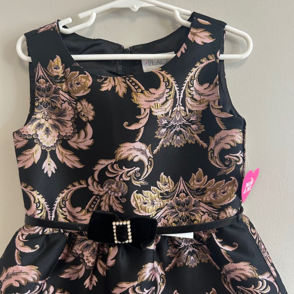 Childrens‎ Place Black Gold Floral Brocade Dress Party Holiday Occasion Size 5 - Picture 2 of 6